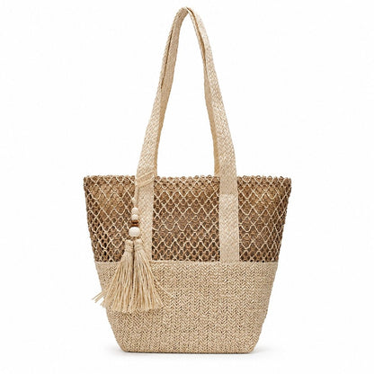 Woven Straw Tote Bag with Zip Closure Shoulder Straps and Tassel Accent