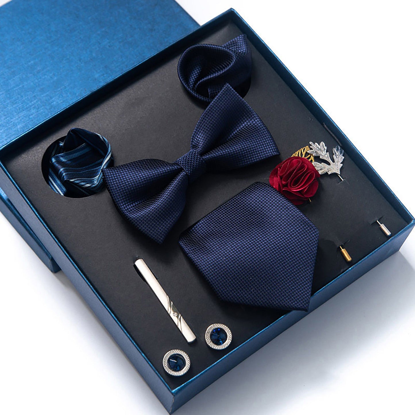 Men's Micro Grid Pattern Bow Tie Gift Set Pre-Tied Bowtie Pocket Square Cufflinks Tie Clip Formal Accessory Set