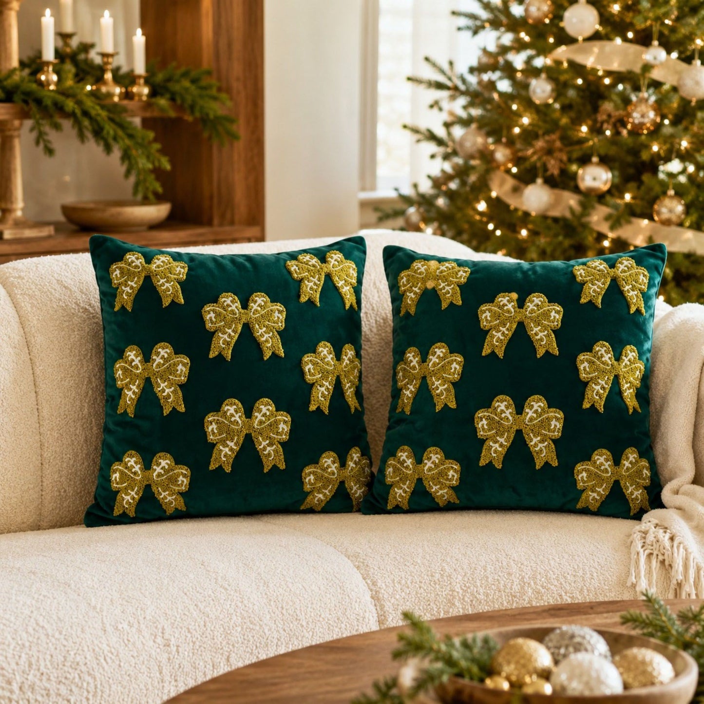 2 Pack Christmas Tree Bow Embroidered Velvet Pillow Covers