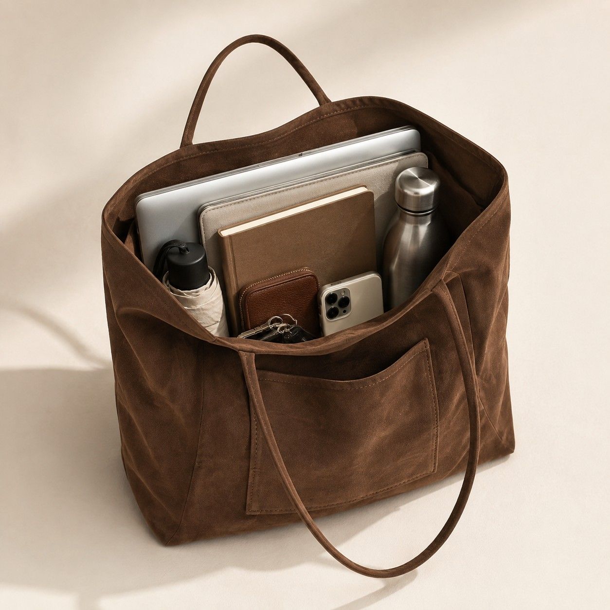 Large Faux Suede Tote Bag with Front Pocket and Double Shoulder Handles