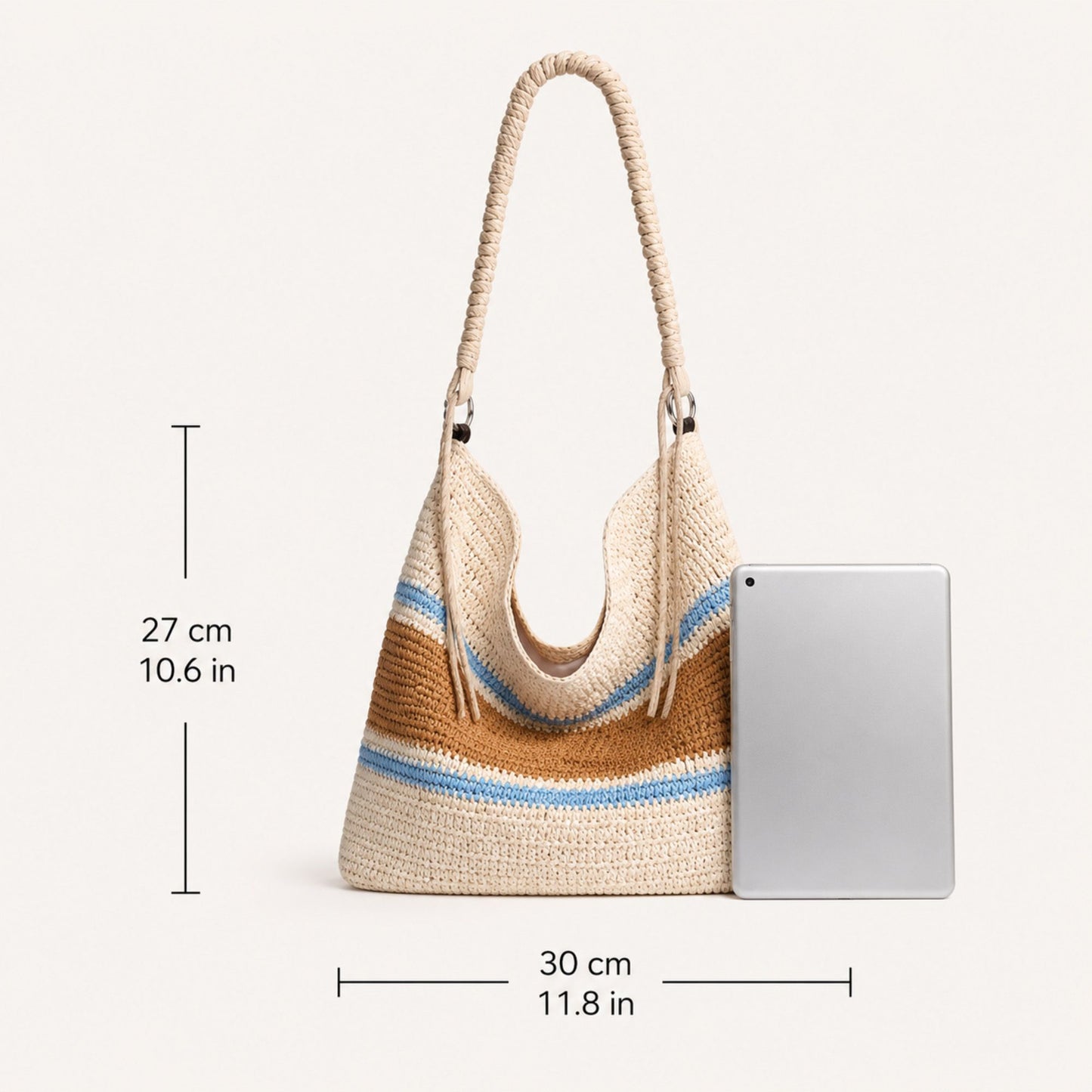 Woven Crochet Straw Beach Tote Bag Striped Vacation Shoulder Bag Bohemian Summer Hobo Purse
