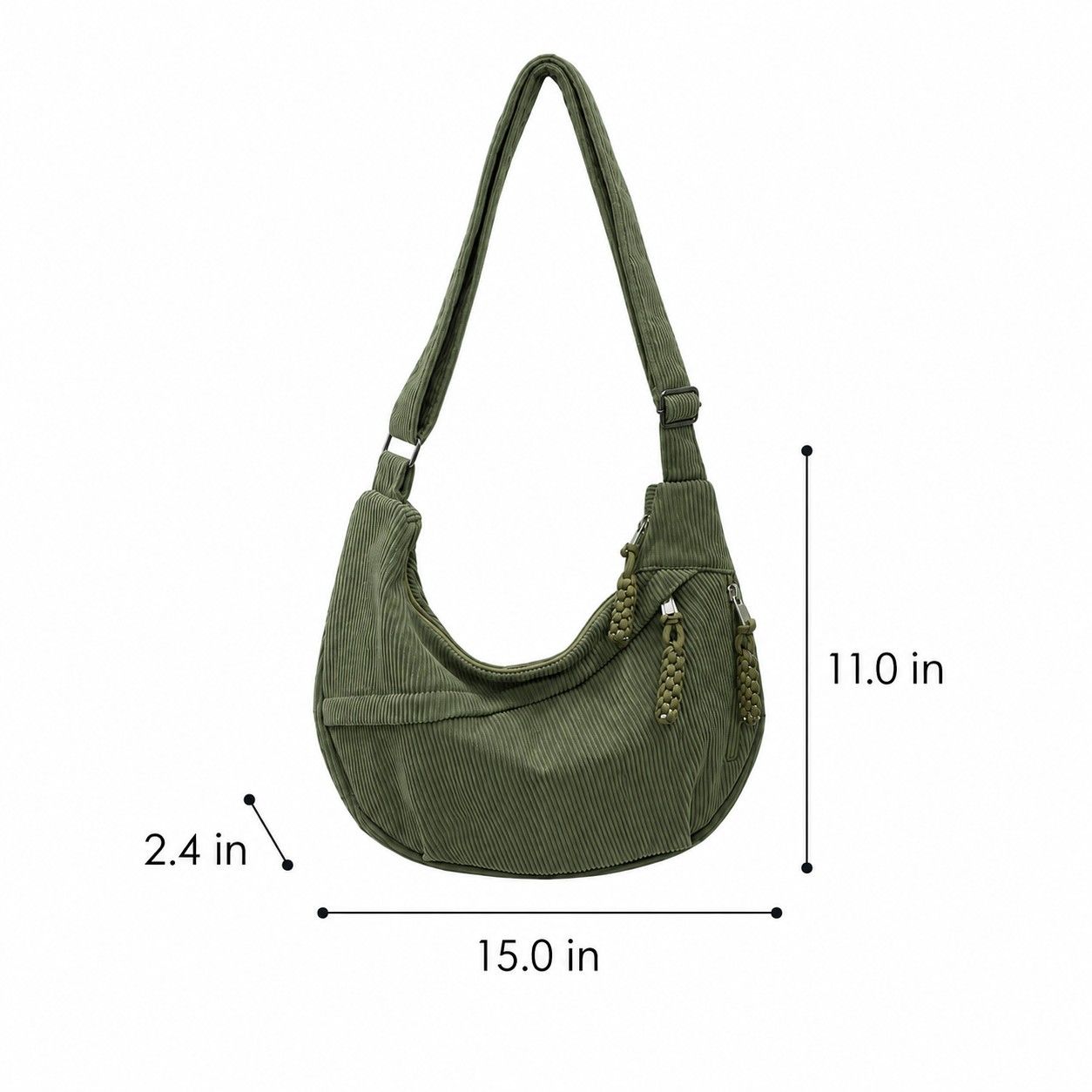 Corduroy Crescent Crossbody Bag with Adjustable Strap and Zip Pockets