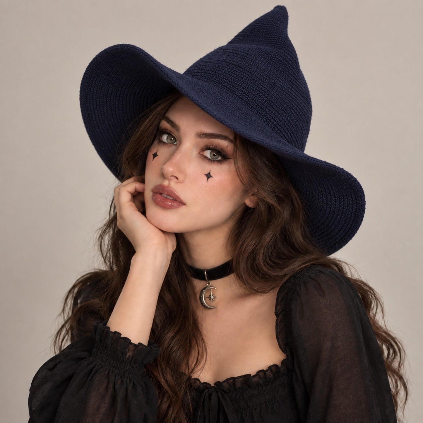 Pointed Knit Witch Hat with Wide Floppy Brim for Halloween