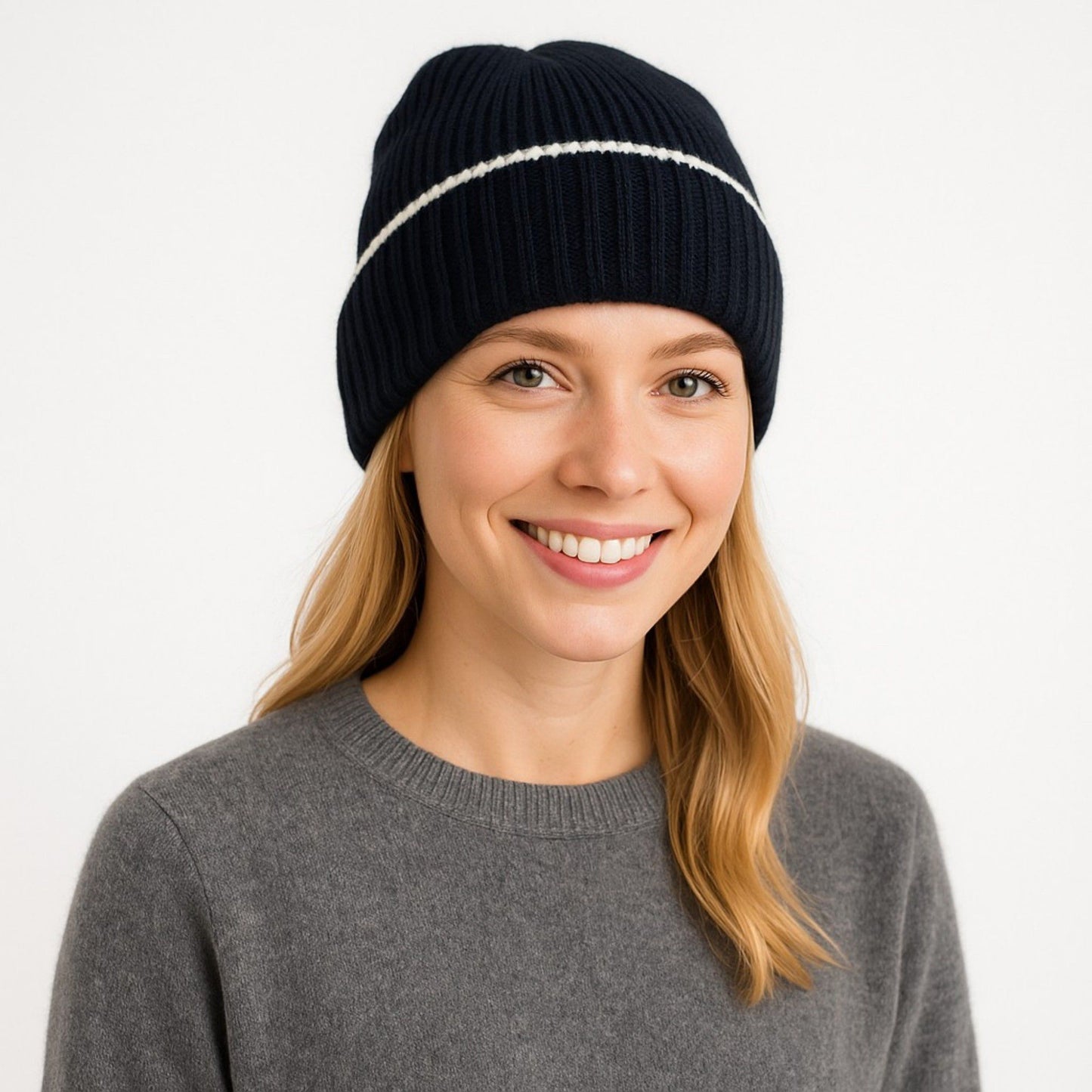 Ribbed Knit Beanie Hat with Contrast Trim and Folded Cuff