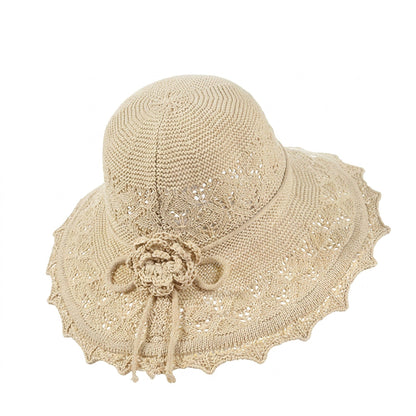 Crochet Wide Brim Sun Hat with Scalloped Edge Floral Accent and Chin Strap
