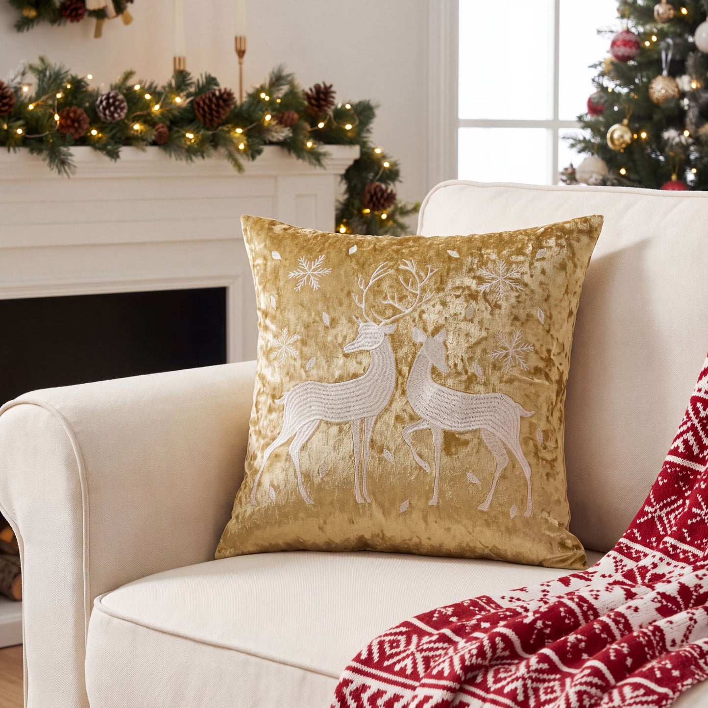 Christmas Reindeer Embroidered Velvet Throw Pillow Cover Gold Holiday Decor