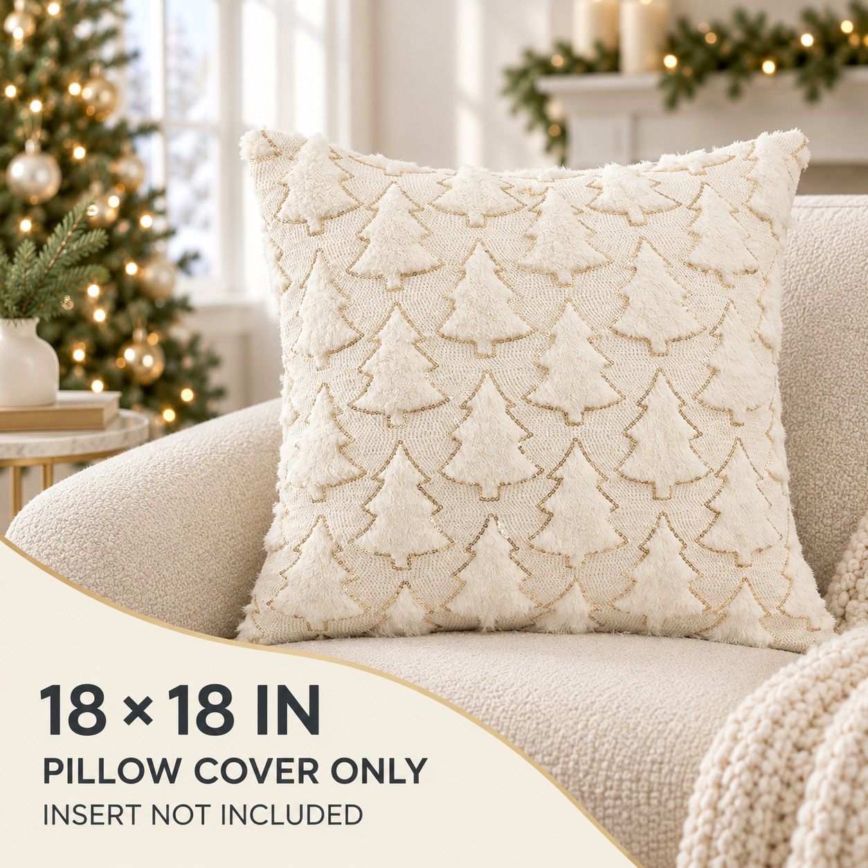 Plush Embroidered Christmas Tree Throw Pillow Cover 18 x 18 Inch Holiday Decor
