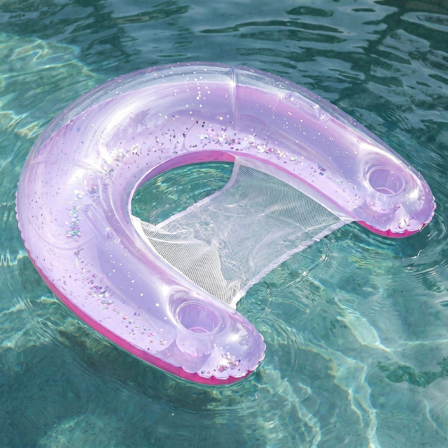 Glitter Inflatable Pool Float with Mesh Seat and Built-In Cup Holders