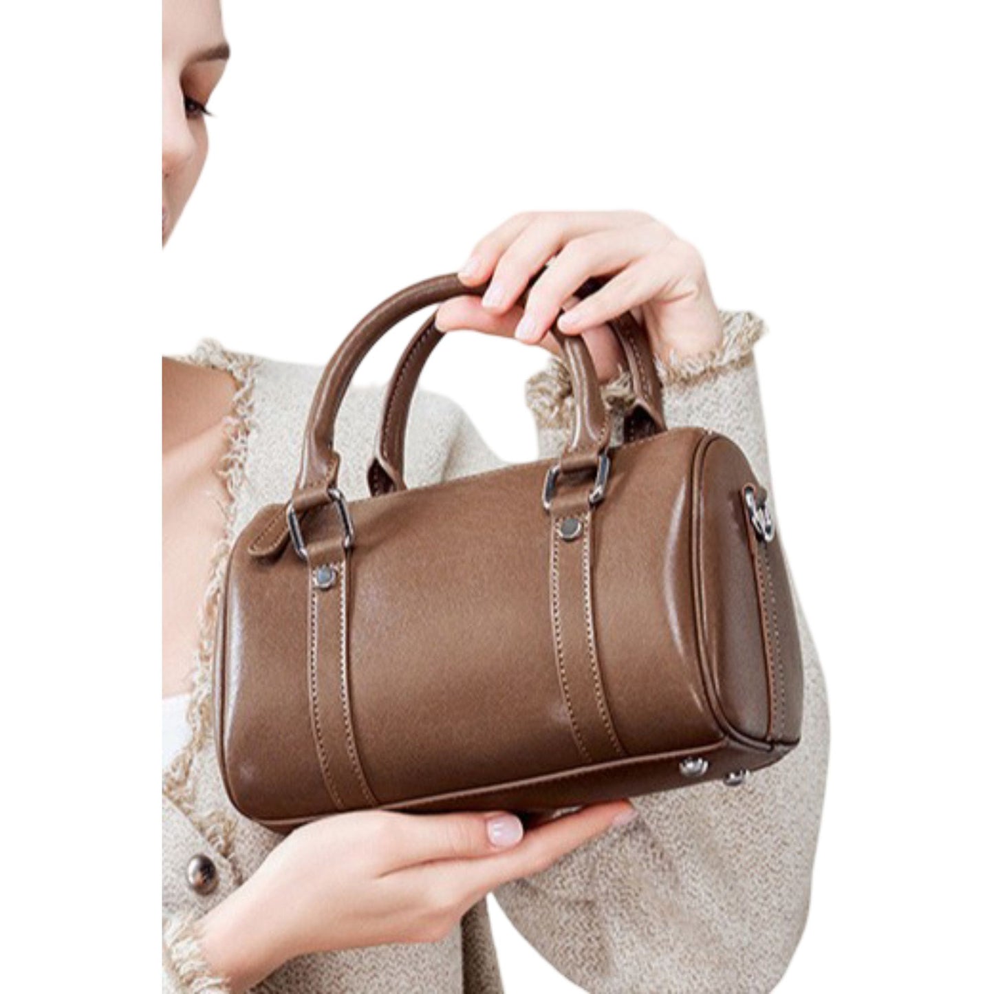 Structured Leather Barrel Satchel with Top Handles Compact Cylinder Shape and Crossbody Option