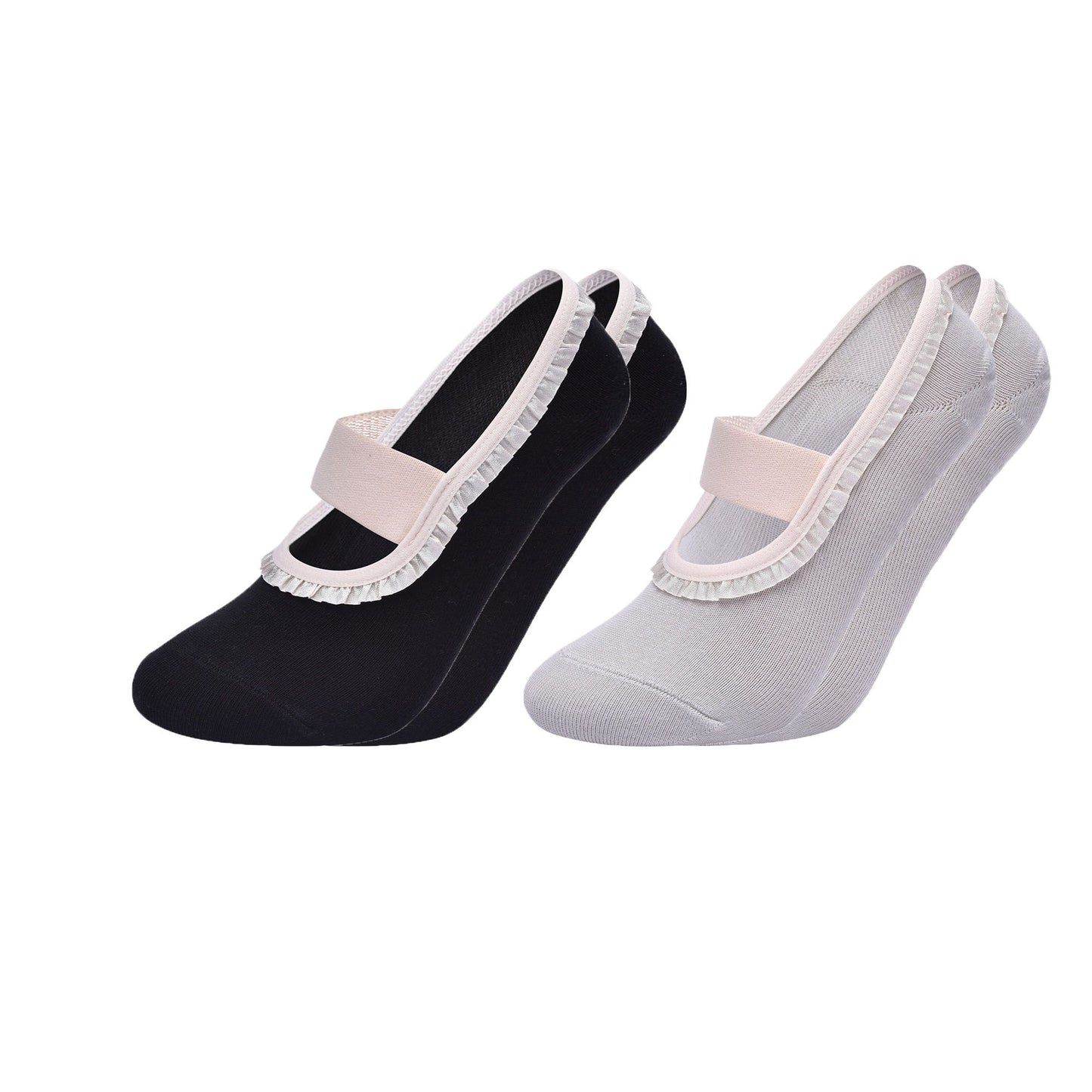 Ballet Style Grip Socks with Ruffle Trim and Cross Strap Anti-Slip Sole Yoga and Pilates 2-Pack