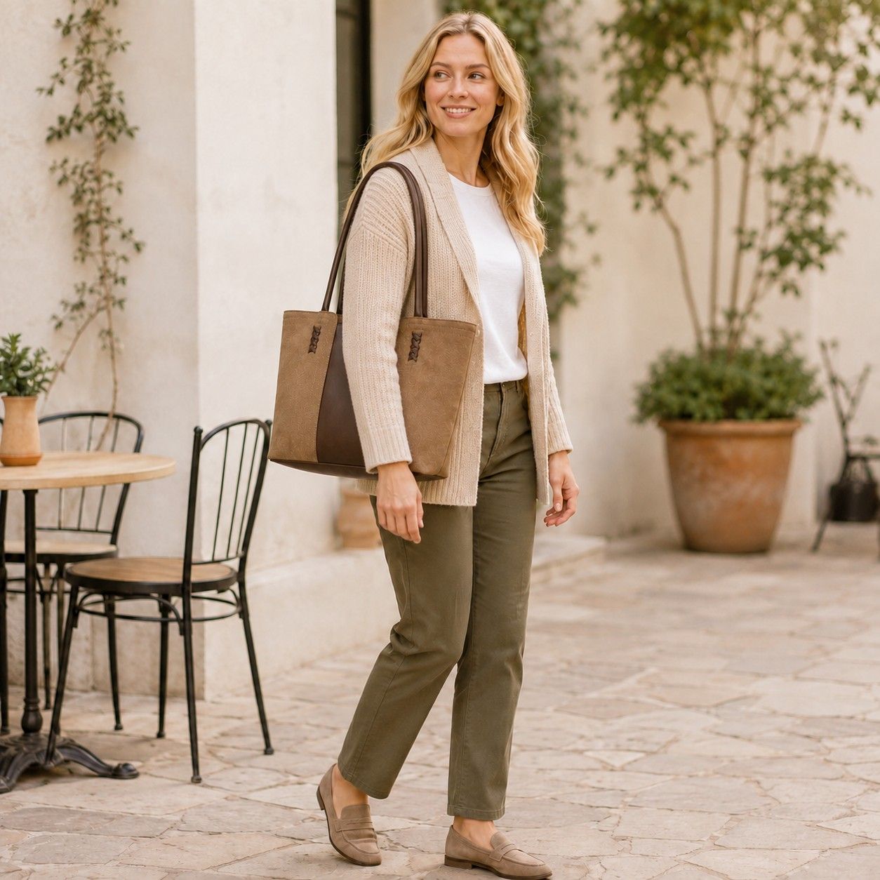 Faux Suede Tote Bag with Double Shoulder Handles Zip Closure and Interior Pockets