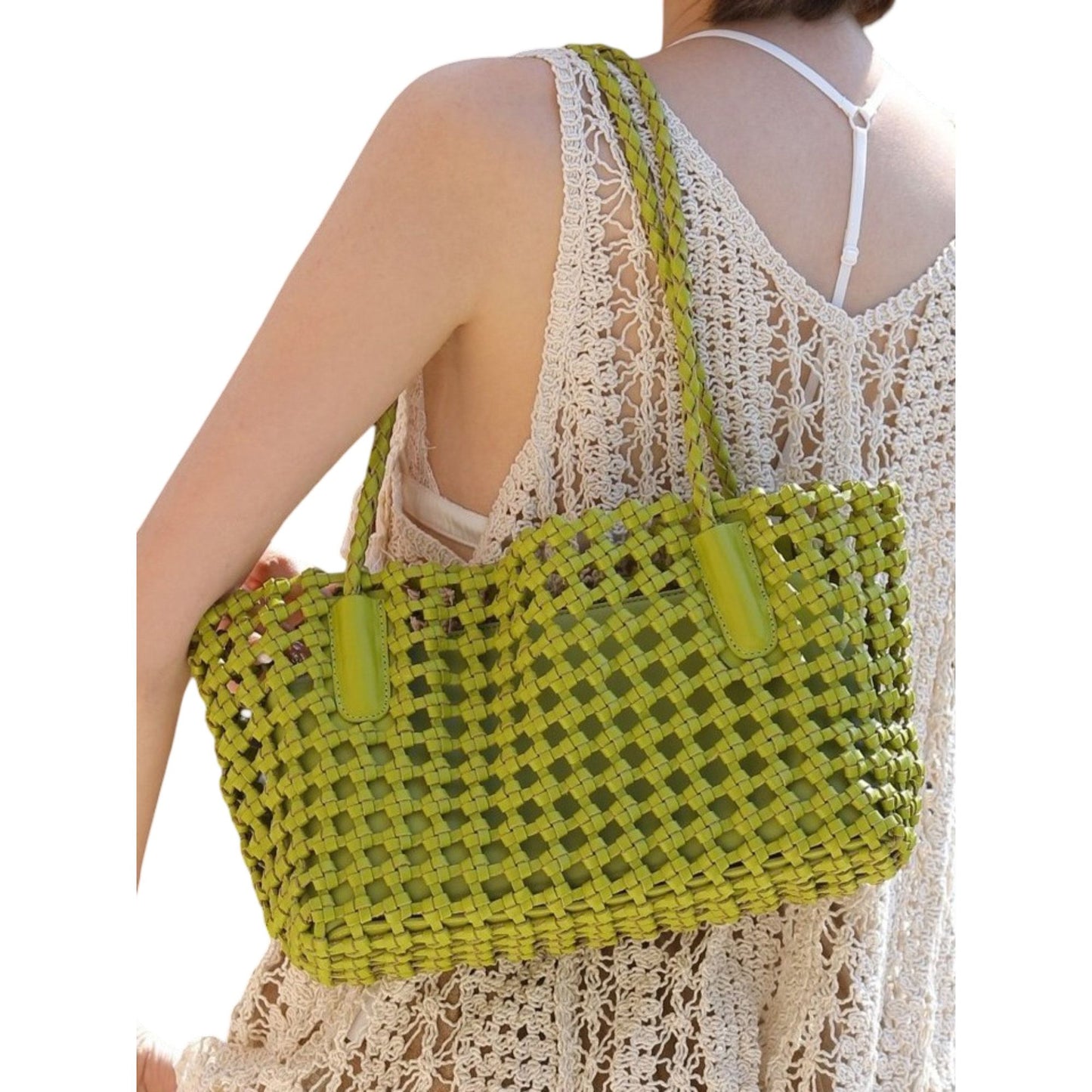 Open Weave Leather Tote Bag with Braided Shoulder Straps and Interior Zip Compartment