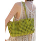 Open Weave Leather Tote Bag with Braided Shoulder Straps and Interior Zip Compartment
