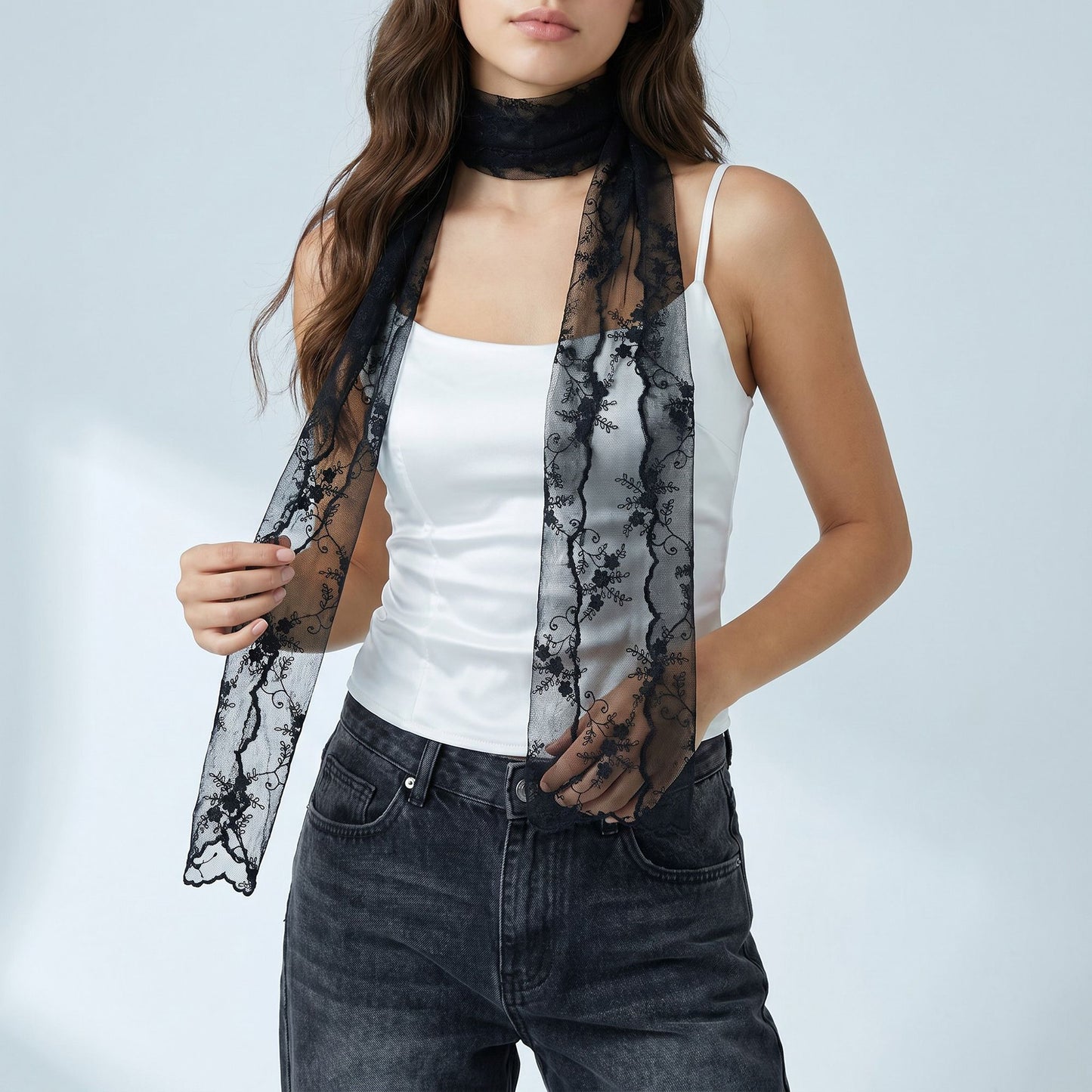 Sheer Embroidered Skinny Scarf with Floral Lace Trim and Long Neck Tie Design