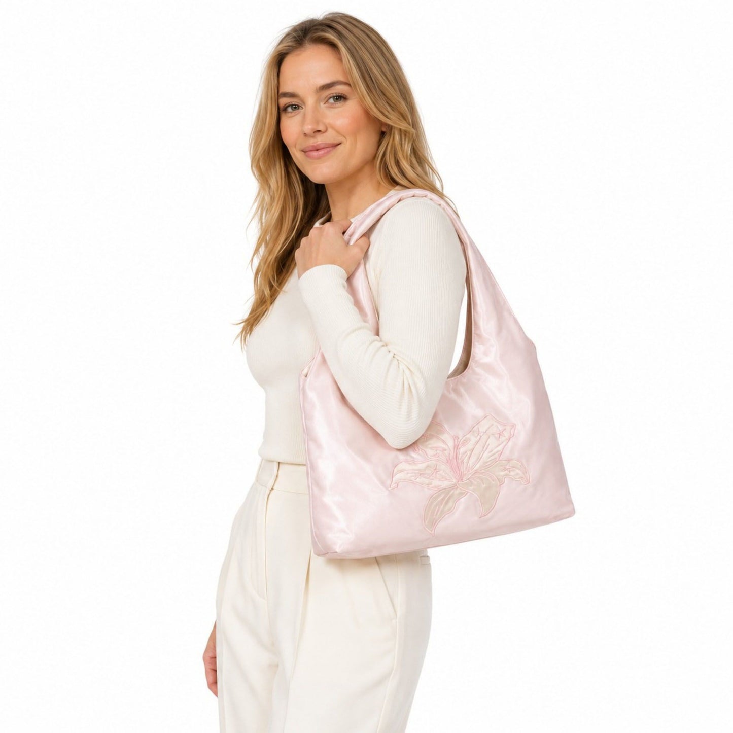 Satin Hobo Shoulder Bag with Embroidered Lily Detail