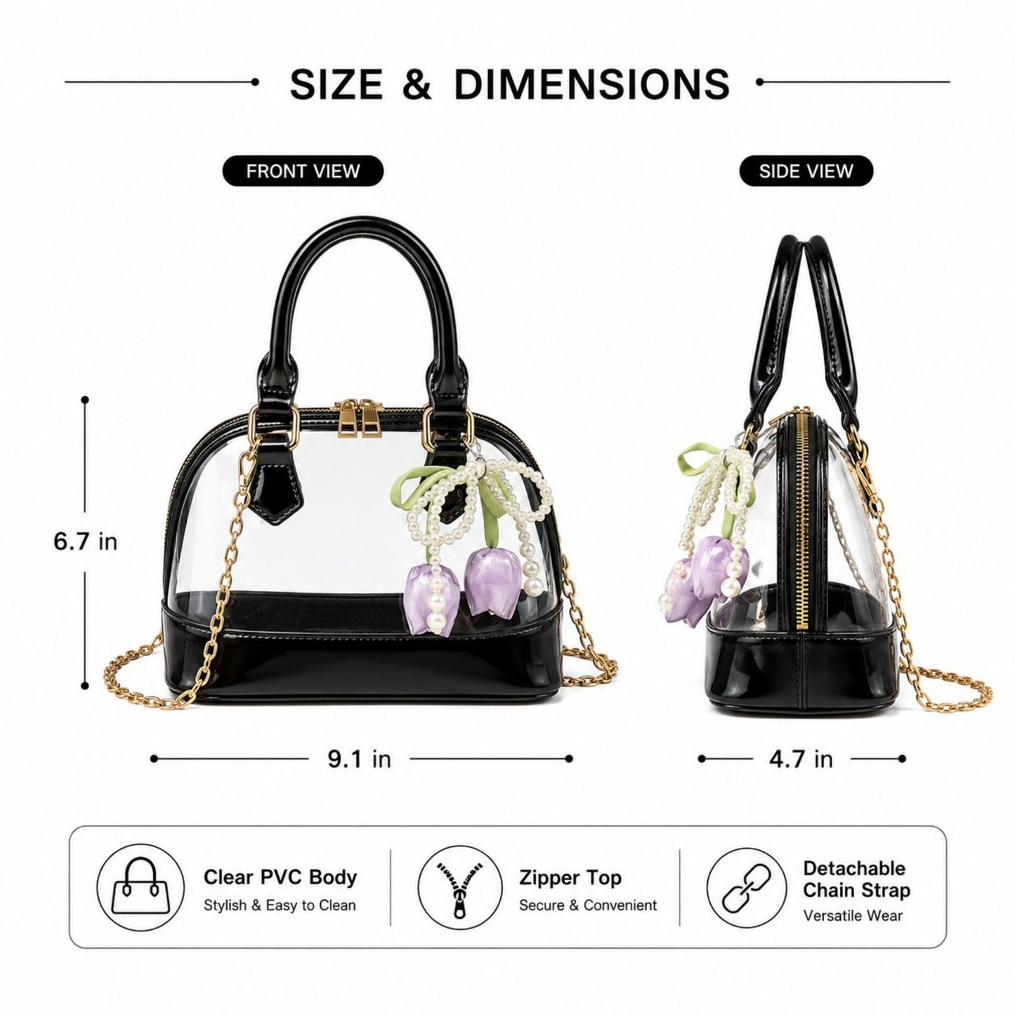 Clear PVC Mini Satchel Bag with Chain Strap and Floral Pearl Charm