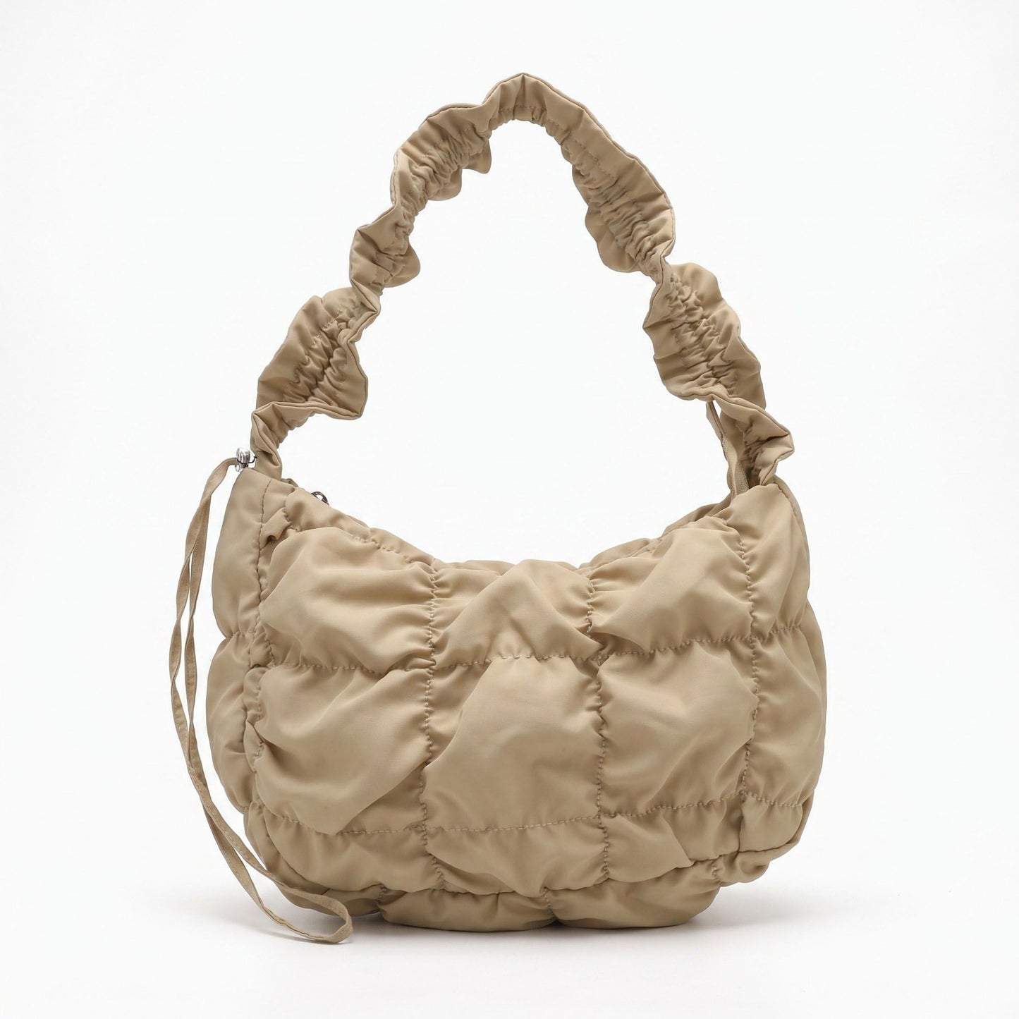 Ruched Puffer Shoulder Bag with Gathered Strap and Top Zipper Closure 10.5x8.5x3in