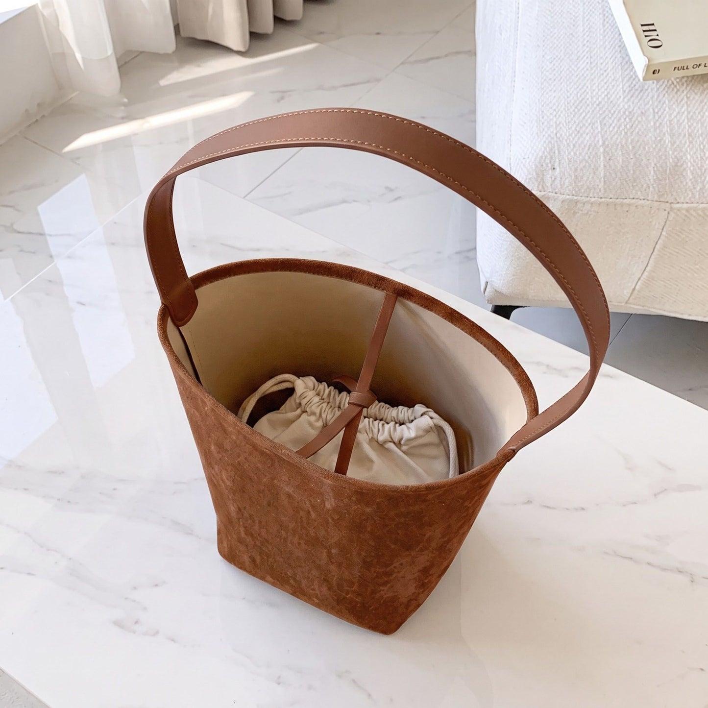 Faux Suede Bucket Shoulder Bag with Drawstring Pouch