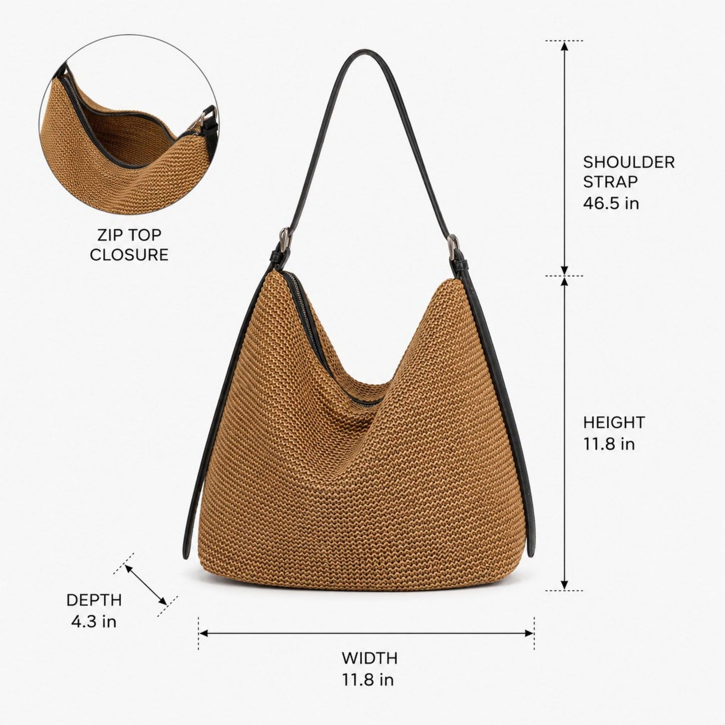 Woven Hobo Shoulder Bag with Zip Top and Large Capacity