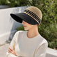 Woven Wide Brim Visor Hat with Striped Band Mesh Crown Adjustable Back Strap