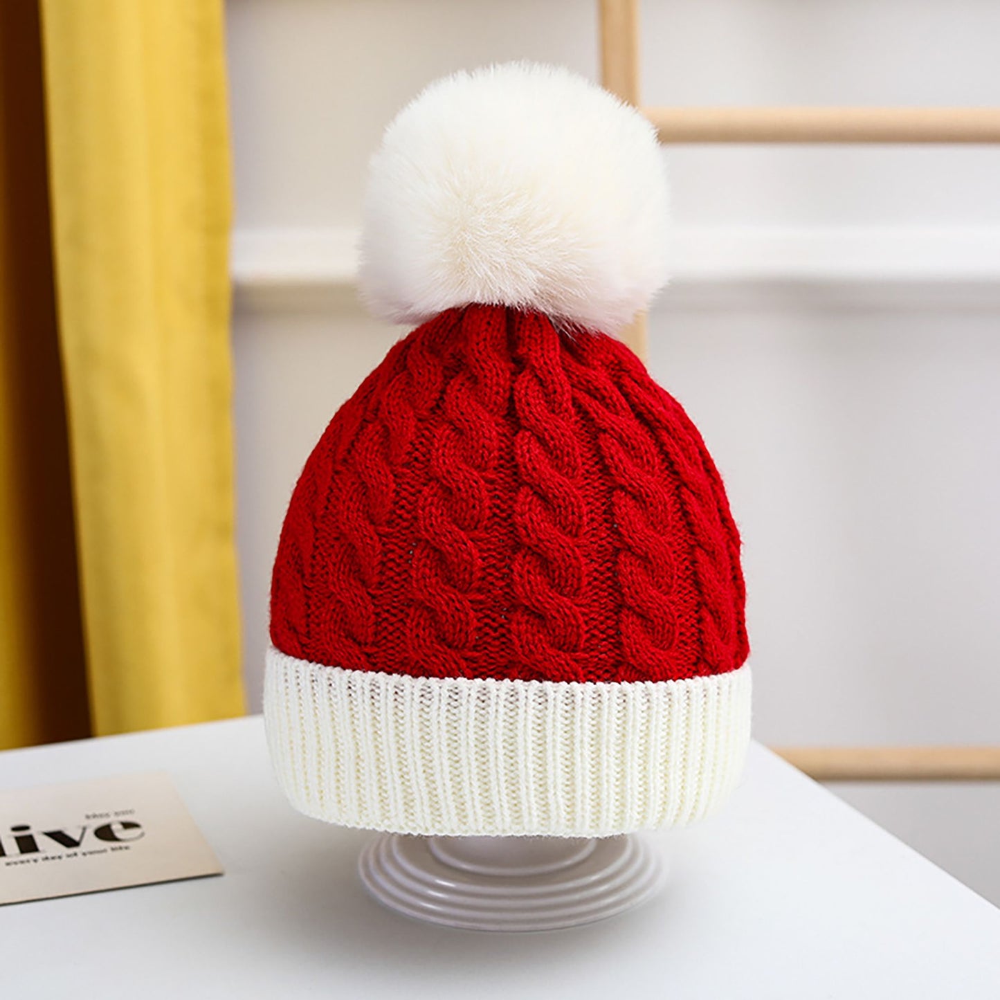 Christmas Beanie Knit Hat with Faux Fur Pom-Pom for Holiday Winter Warmth