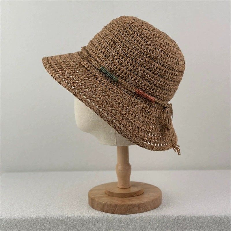 Crochet Bucket Hat Lightweight Breathable Straw Sun Hat with Woven Band
