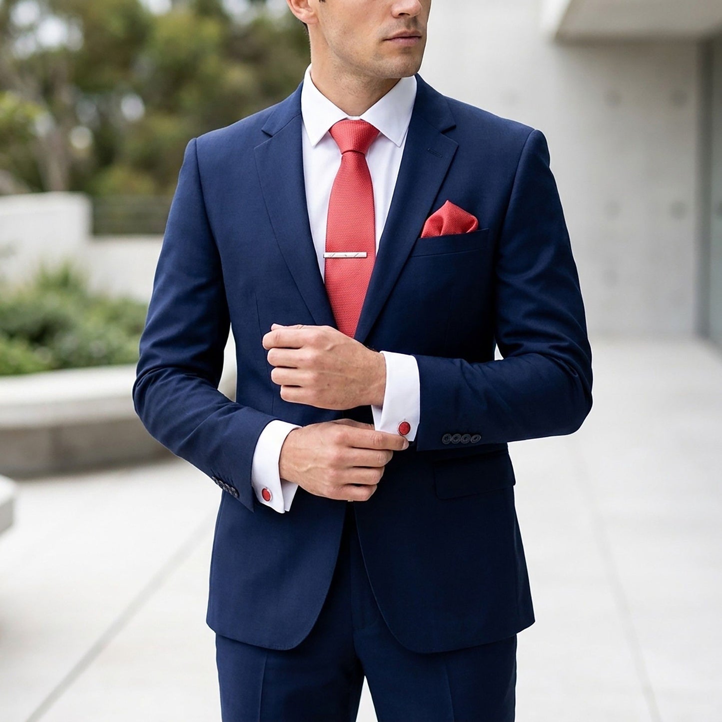 Men's Textured Solid Color Tie Gift Set with Matching Pocket Square Cufflinks and Silver Tie Clip