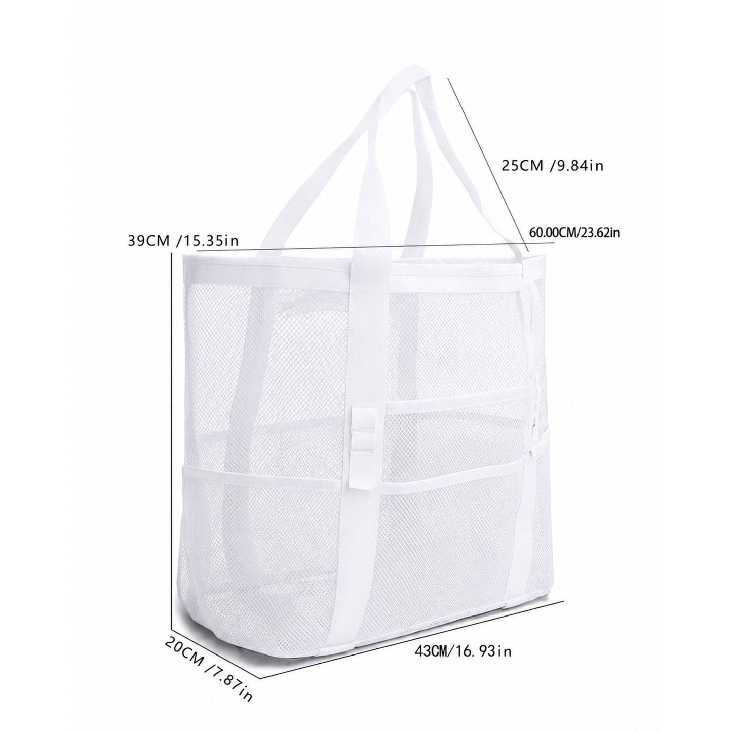 Mesh Beach Tote Bag Large Capacity Travel Shoulder Bag with Exterior Pockets Zipper Top Organizer