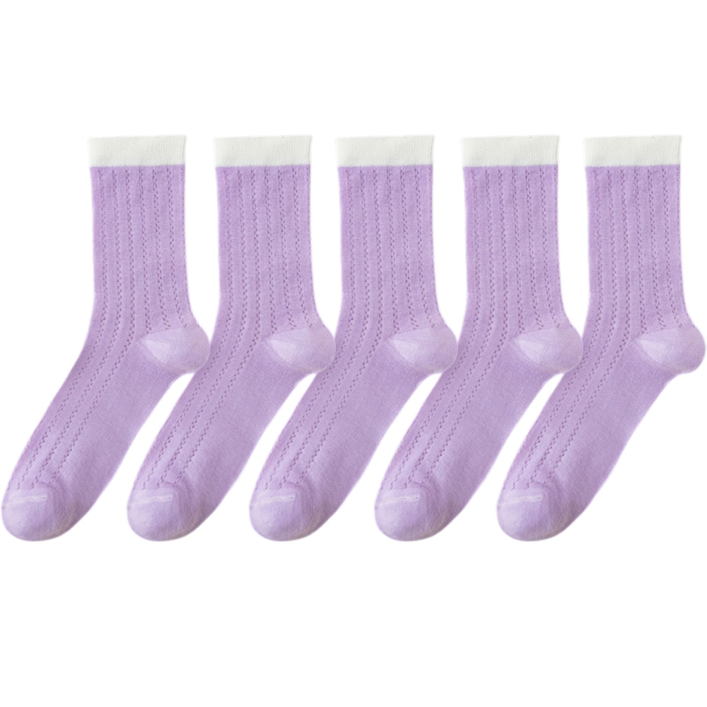 5 Pairs Women's Breathable Lace-Knit Crew Socks with Colored Cuffs Soft Lightweight Anti-Odor for Casual Wear