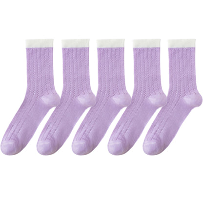5 Pairs Women's Breathable Lace-Knit Crew Socks with Colored Cuffs Soft Lightweight Anti-Odor for Casual Wear