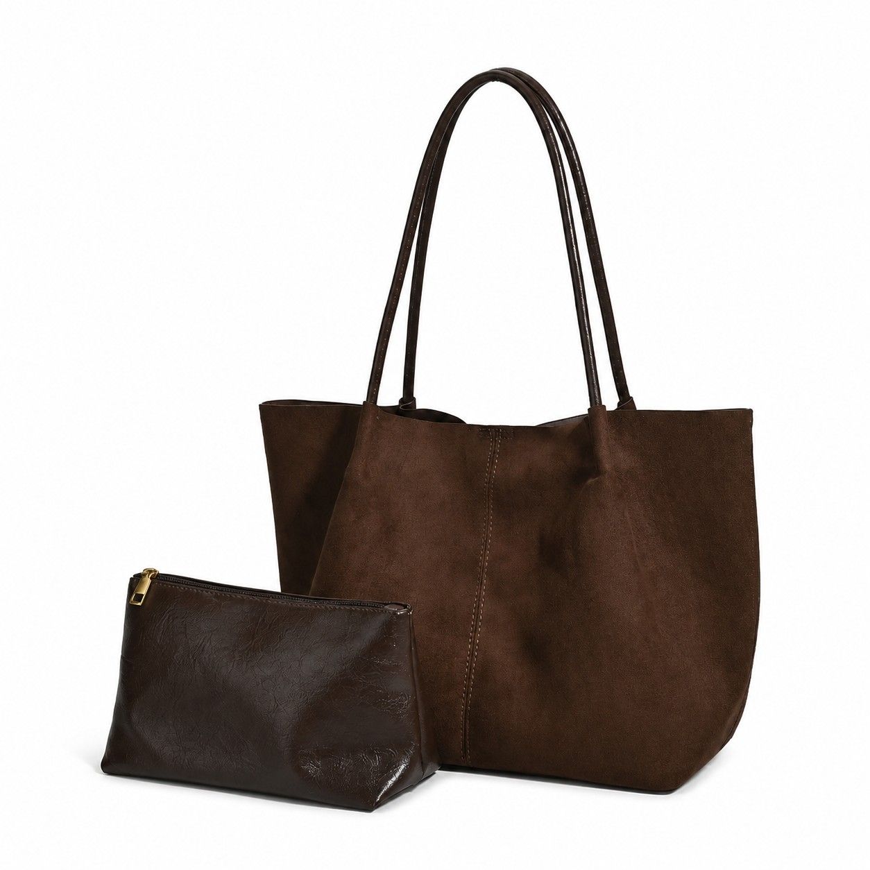 Faux Suede Tote Bag with Removable Zip Pouch and Double Shoulder Handles