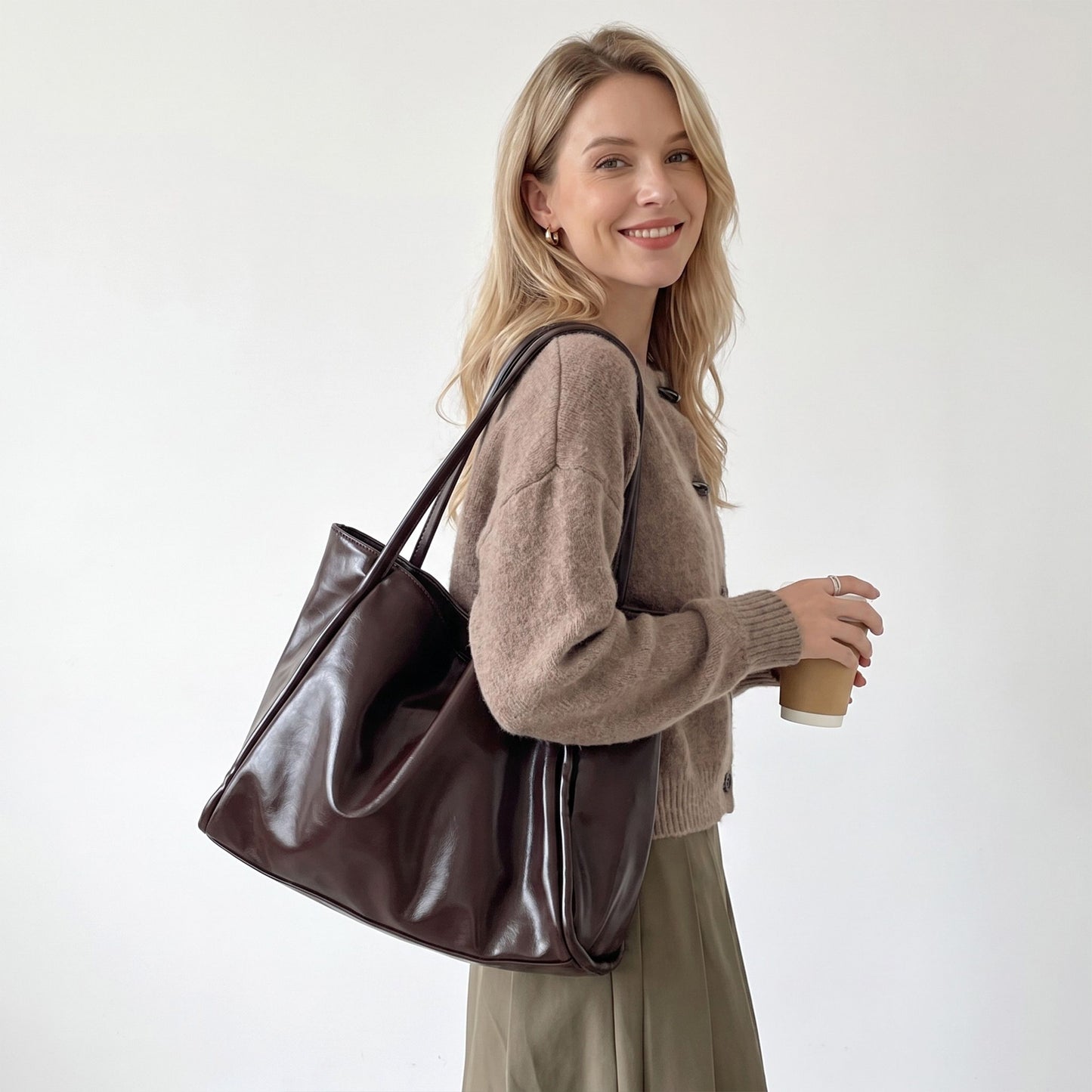 Large Faux Leather Tote Bag with Double Shoulder Straps and Magnetic Closure