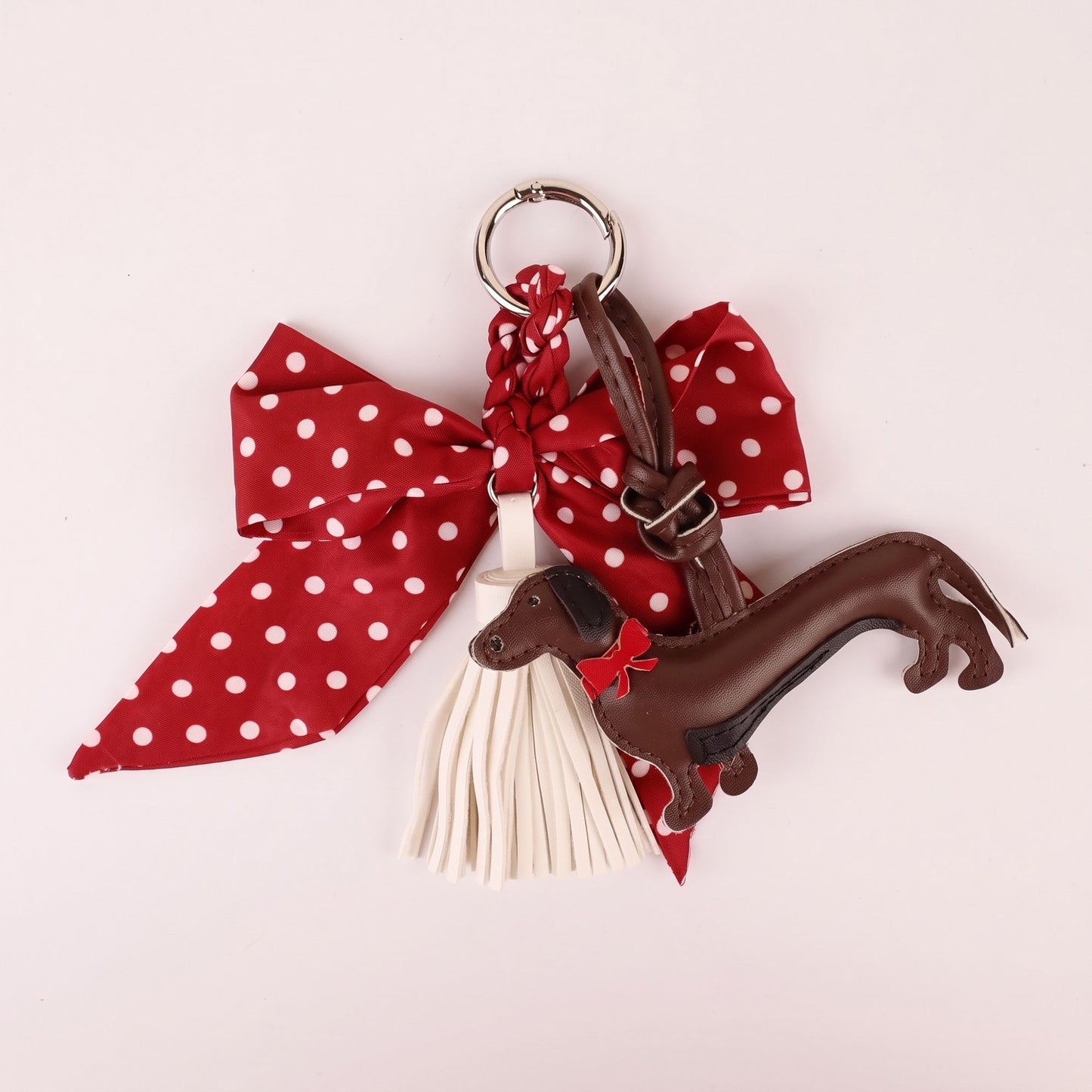 Dachshund Bag Charm with Polka Dot Bow Tassel and Key Ring