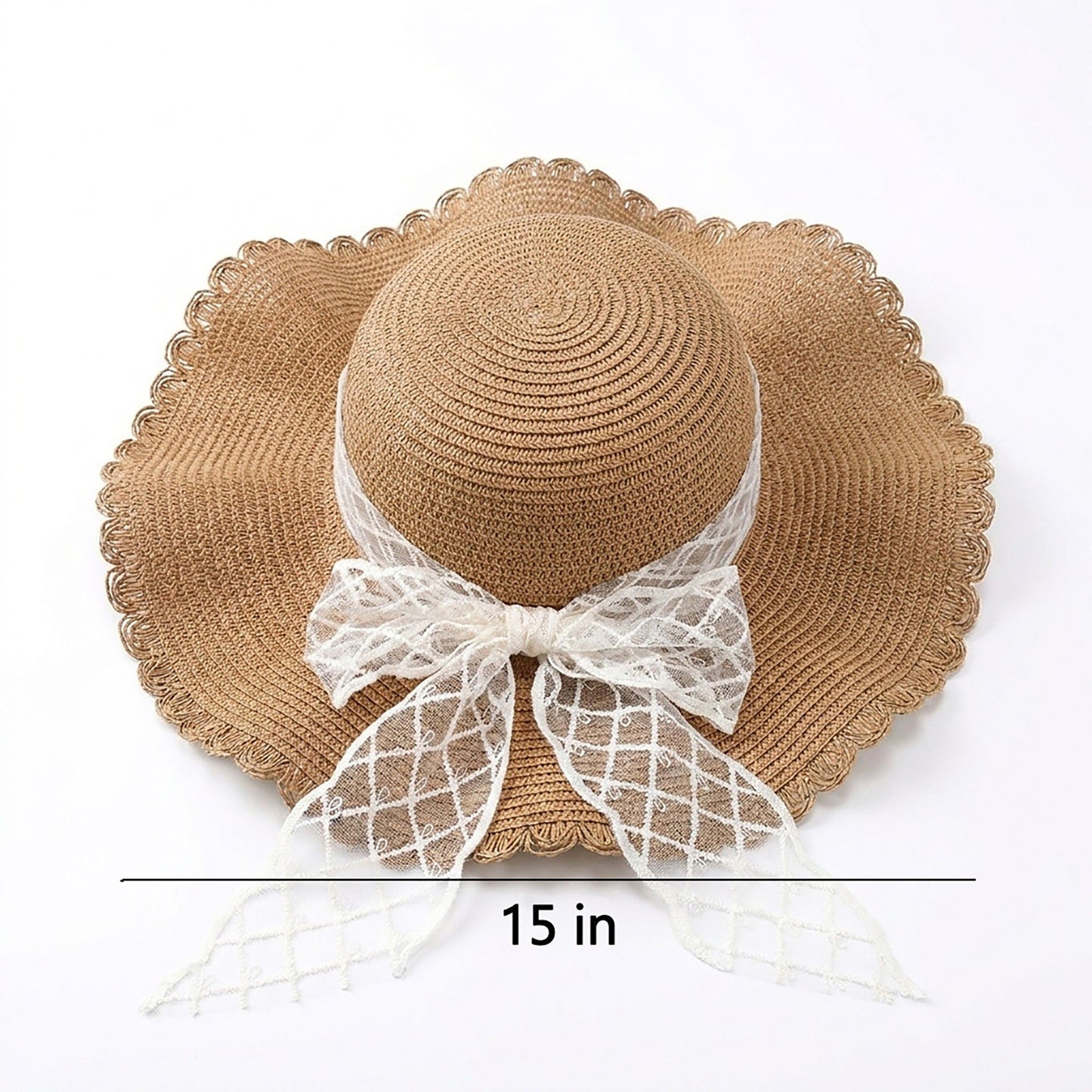 Wide Brim Straw Sun Hat with Sheer Bow Accent and Scalloped Edge