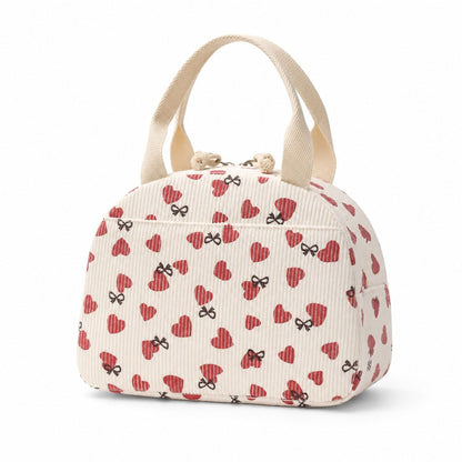 Heart Print Corduroy Insulated Lunch Bag with Handles and Zip Closure