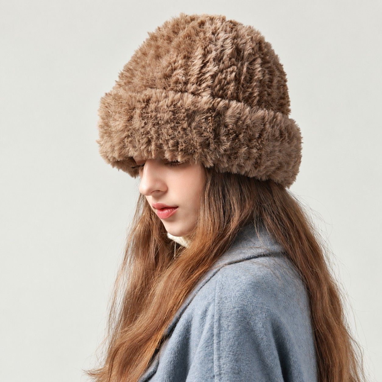 Fuzzy Knit Beanie Hat Soft Plush Cuffed Winter Cold Weather Cap