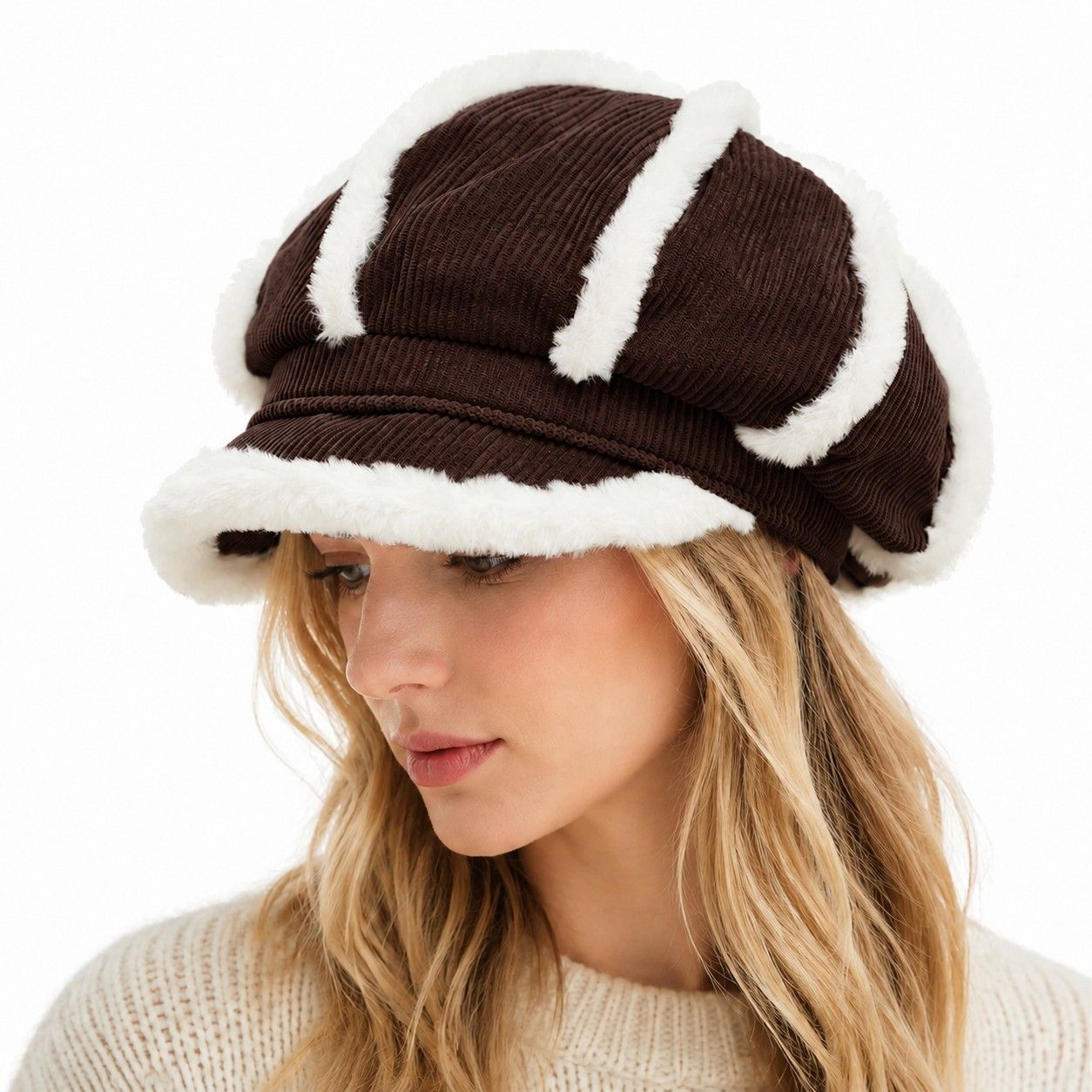 Corduroy Newsboy Cap Faux Fur Trim Baker Boy Hat Warm Casual Style