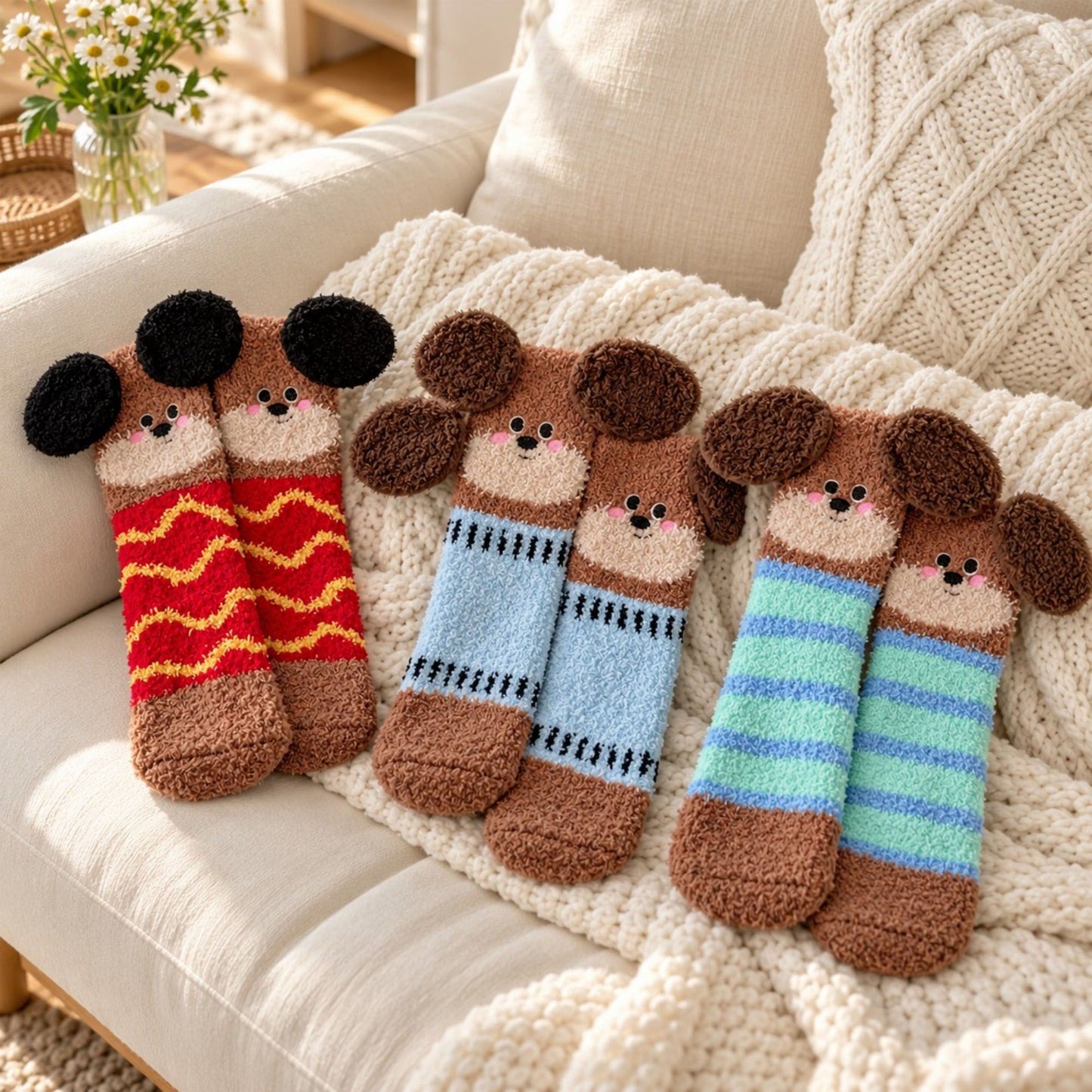 Puppy Fuzzy Crew Socks 3-Pair Set US 5-10.5