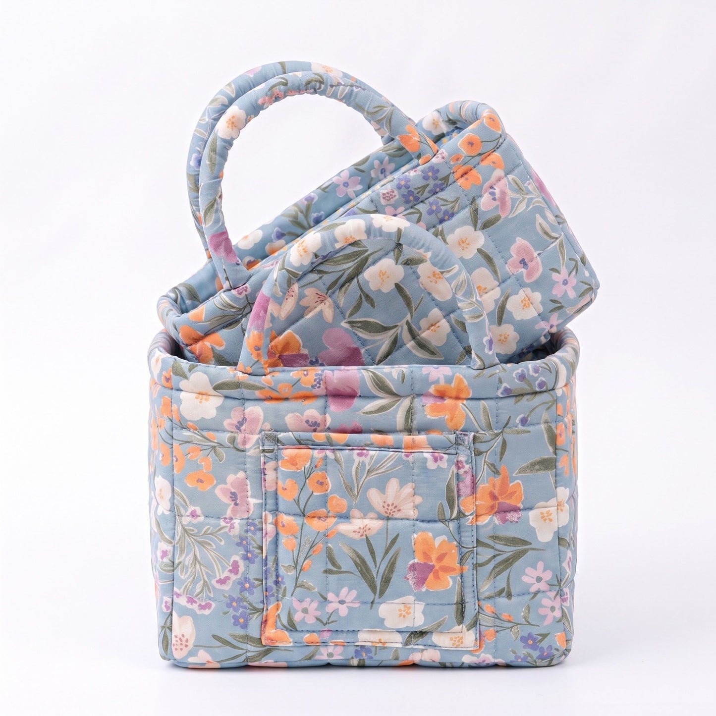 2 Piece Quilted Floral Storage Tote Set with Handles and Front Pocket