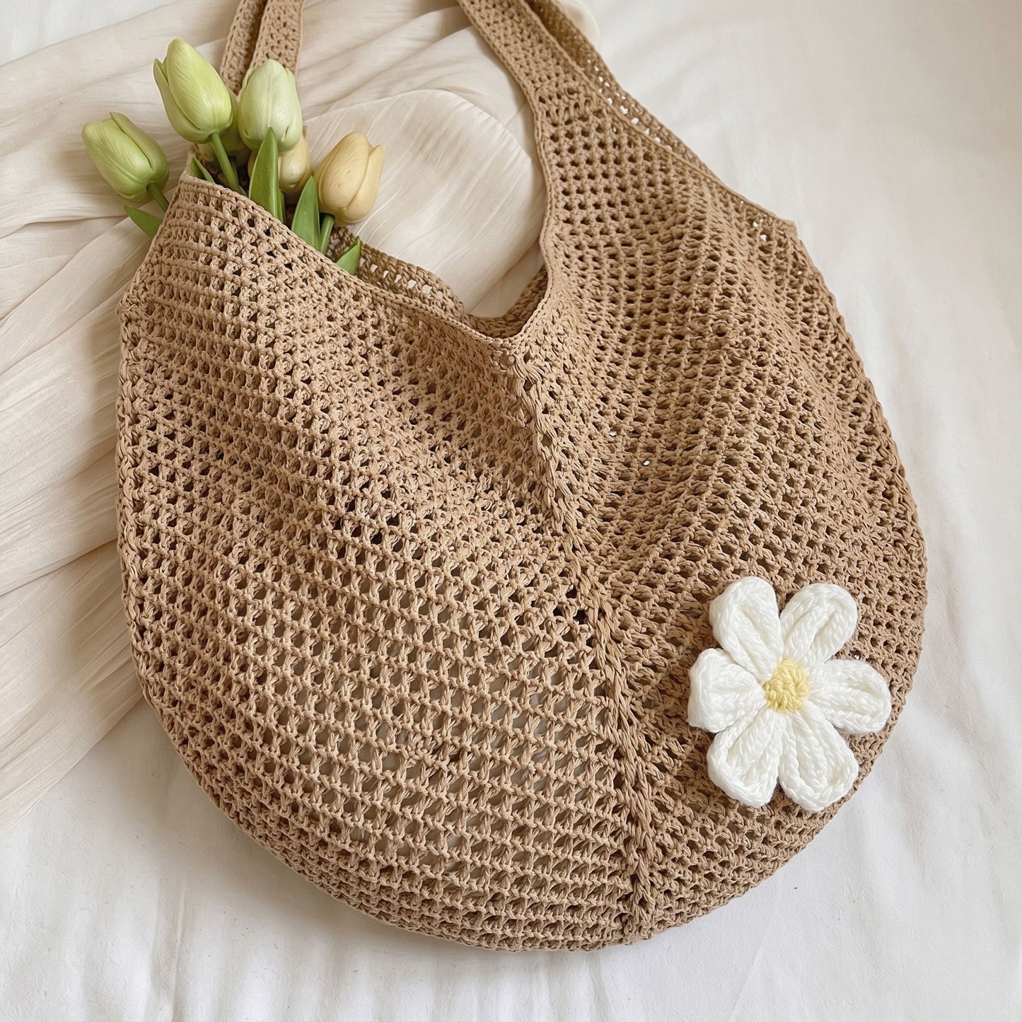 Woven Crochet Hobo Shoulder Bag Lightweight Knit Slouchy Tote with Flower Detail