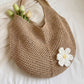 Woven Crochet Hobo Shoulder Bag Lightweight Knit Slouchy Tote with Flower Detail