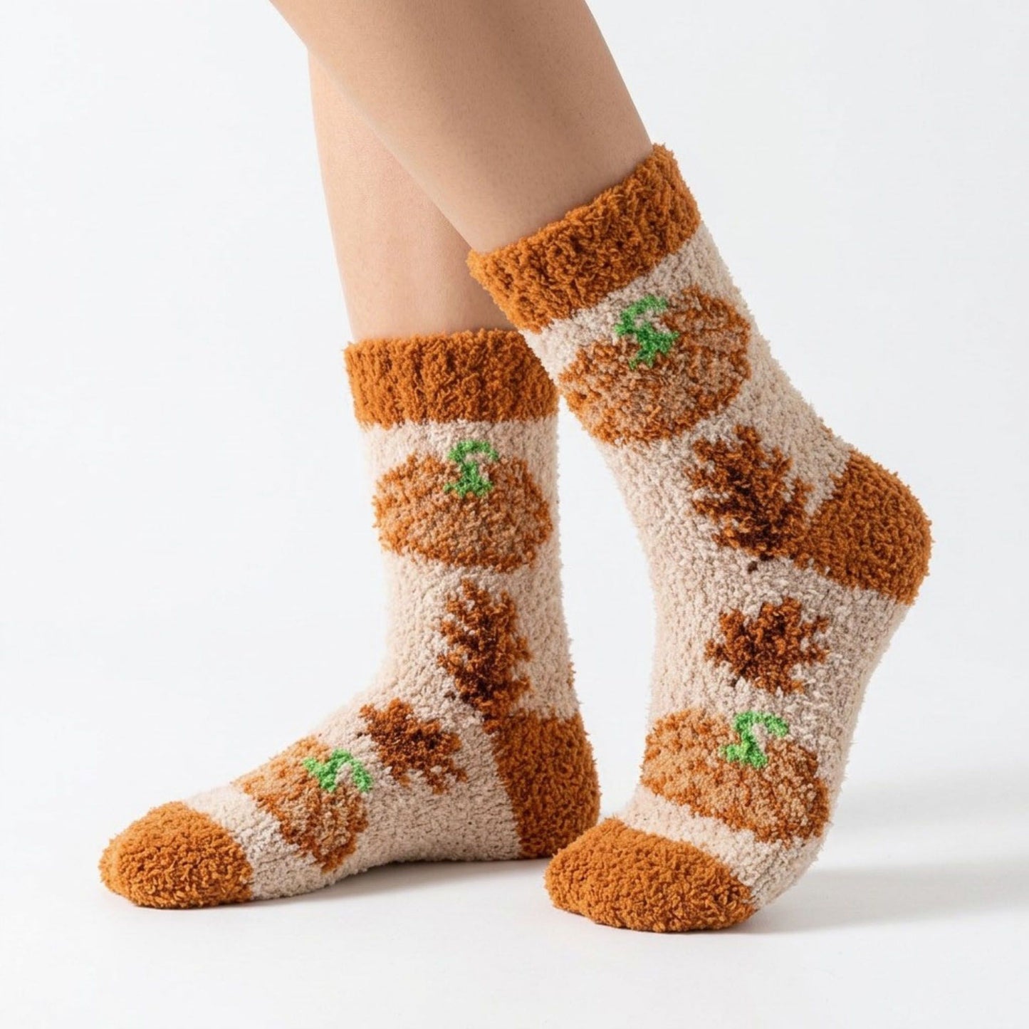 Fuzzy Pumpkin Crew Socks 2 Pair US 5-10.5