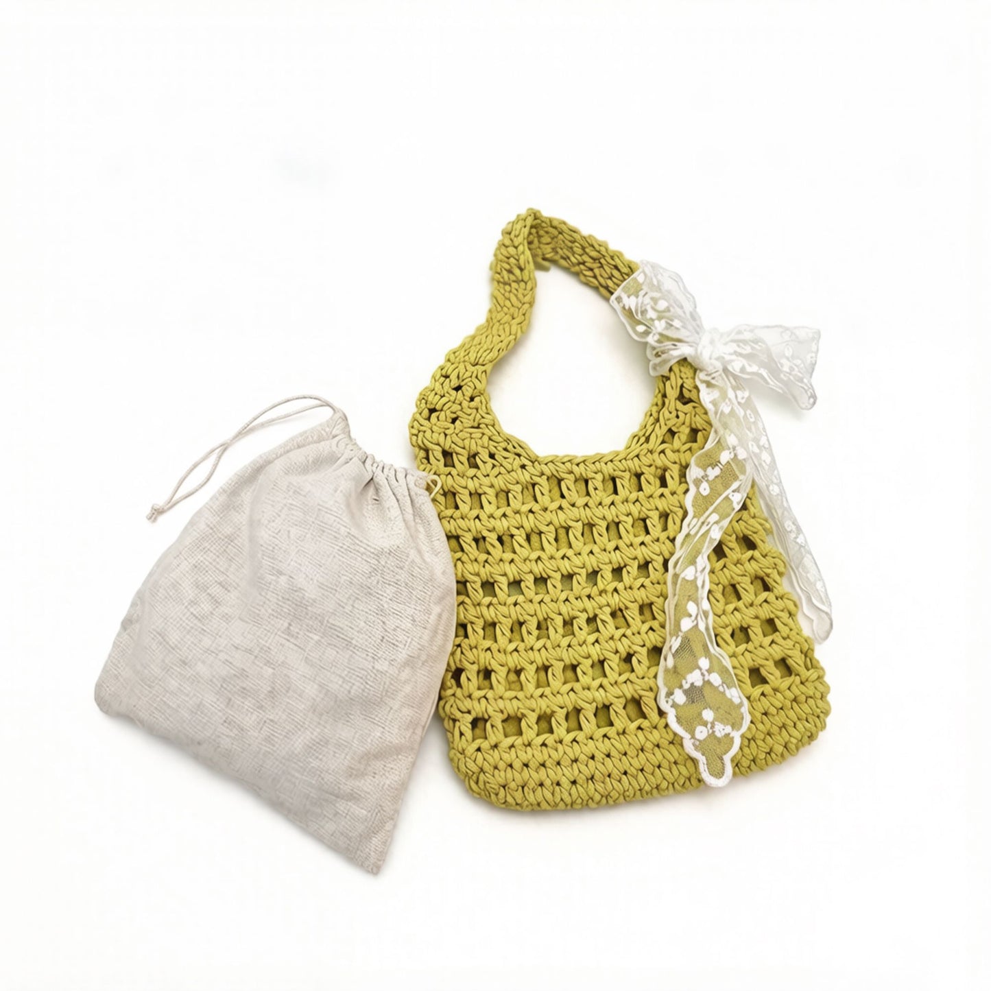 Crochet Shoulder Bag with Lace Bow Detail Knit Bucket Handbag Drawstring Lined Casual Everyday Tote