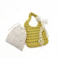 Crochet Shoulder Bag with Lace Bow Detail Knit Bucket Handbag Drawstring Lined Casual Everyday Tote