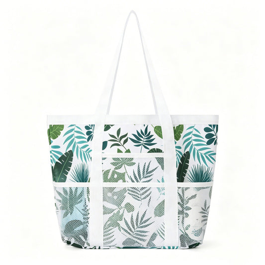 Printed Beach Tote Bag with Mesh Pockets and Shoulder Handles