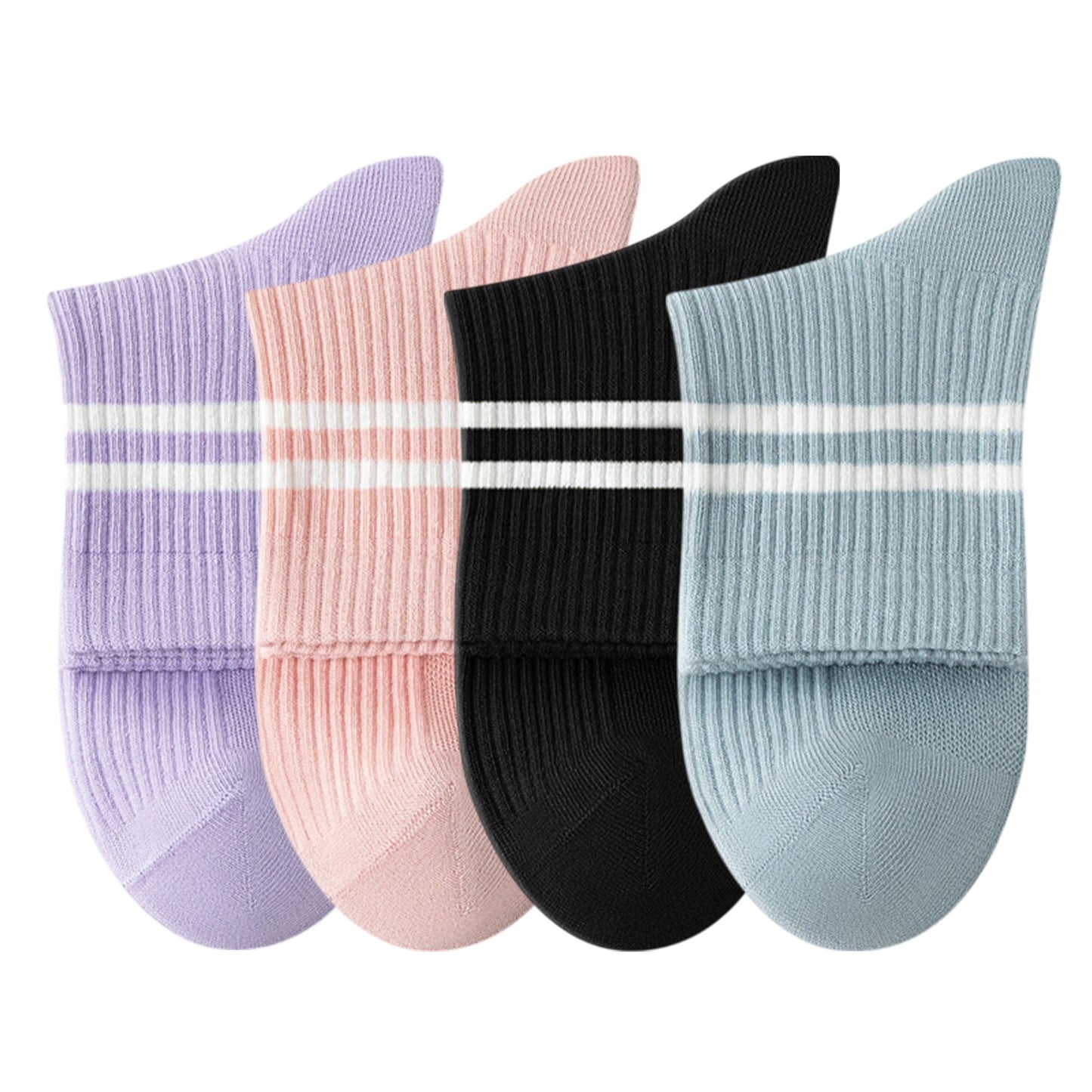 Womens Athletic Crew Socks 4-Pack Ribbed Knit Design Contrast Double Stripe Stretch Comfort Everyday Fit