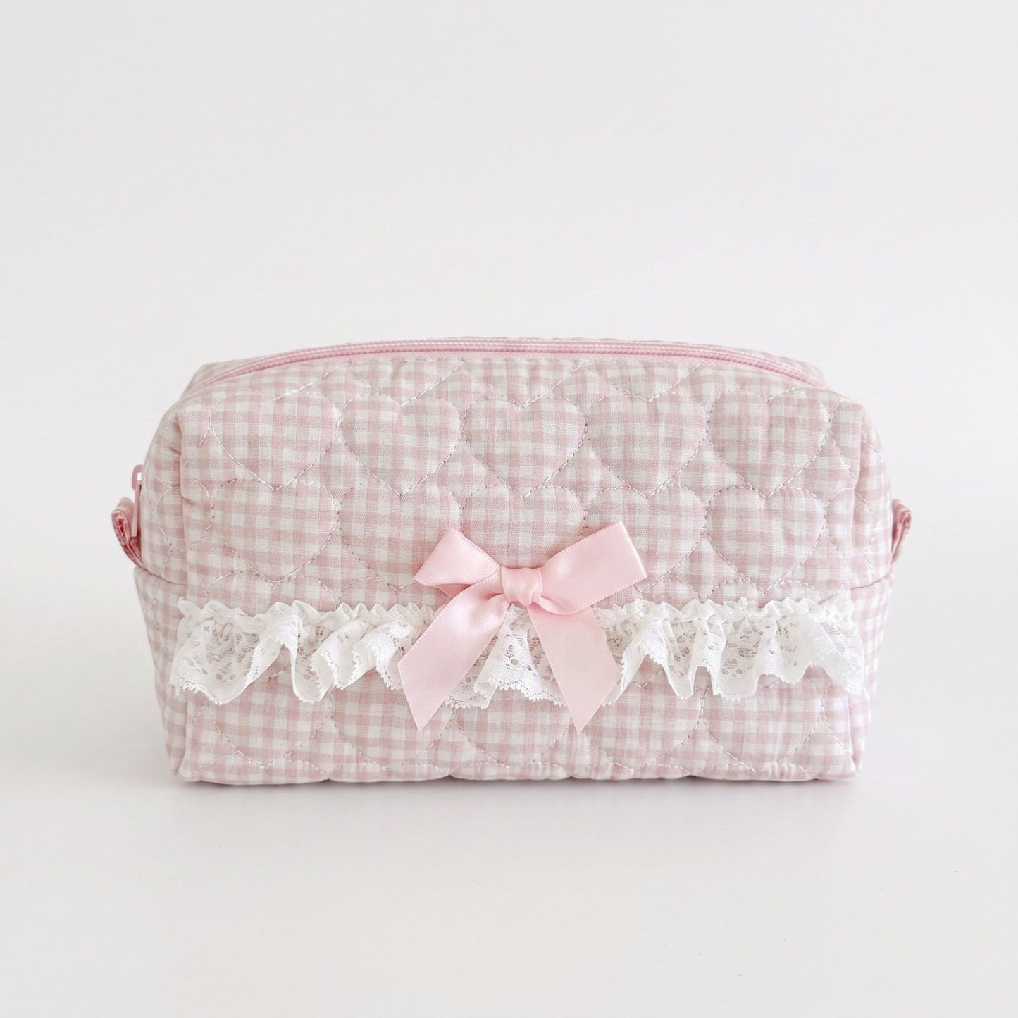 Womens Gingham Quilted Cosmetic Bag with Lace Bow Detail