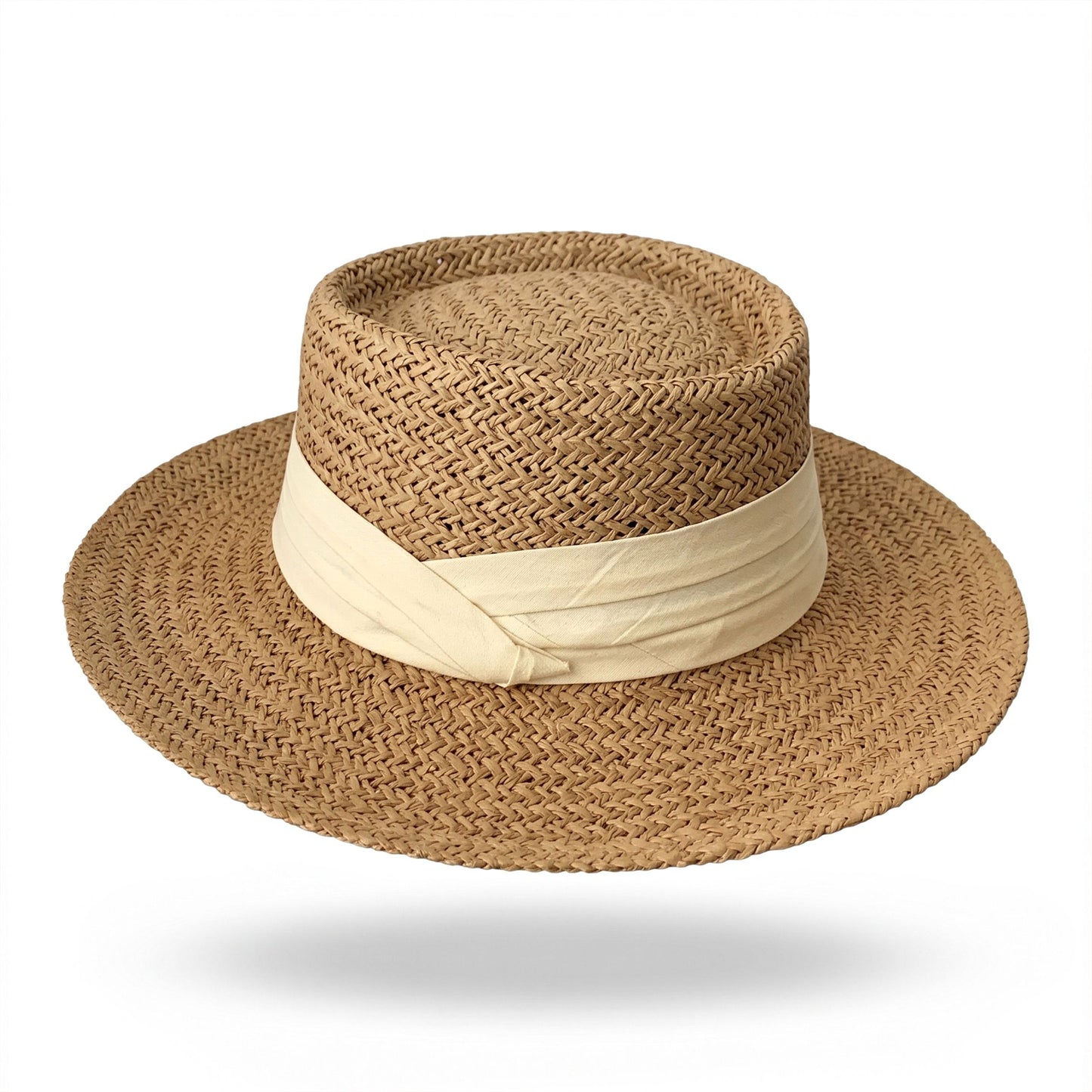 Straw Boater Hat Flat Top Wide Brim Summer Beach Sun Hat Lightweight