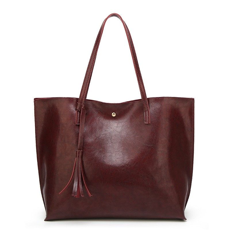 Large Faux Leather Shoulder Tote Bag with Tassel and Magnetic Snap Closure