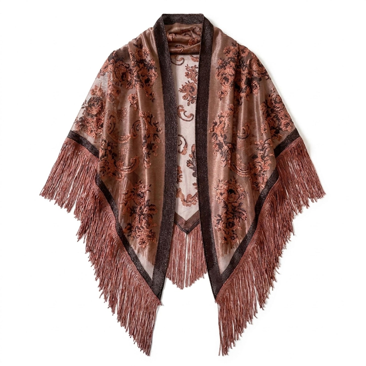 Triangle Shawl Scarf with Floral Jacquard and Fringe Trim